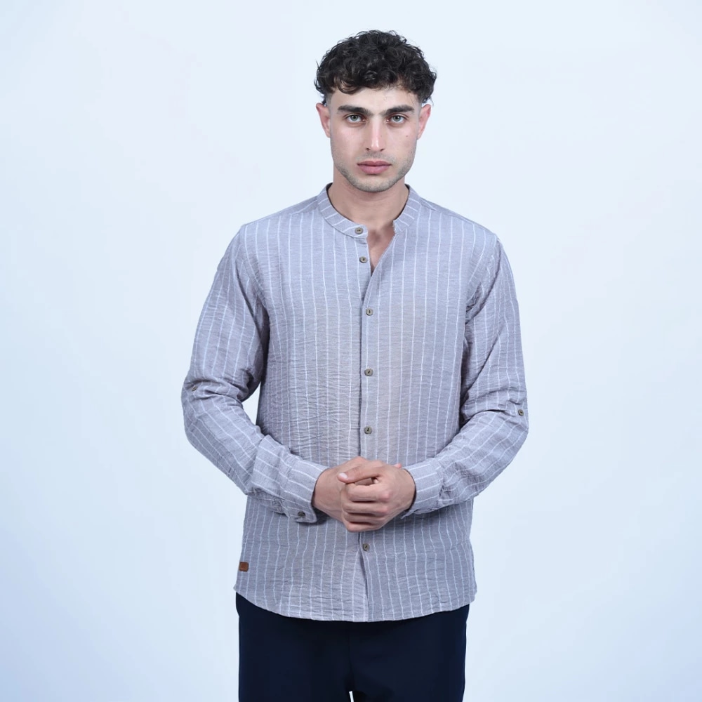 CHEMISE LIN A RAYURES COL MAO MANCHE RETROUSABLE — beige