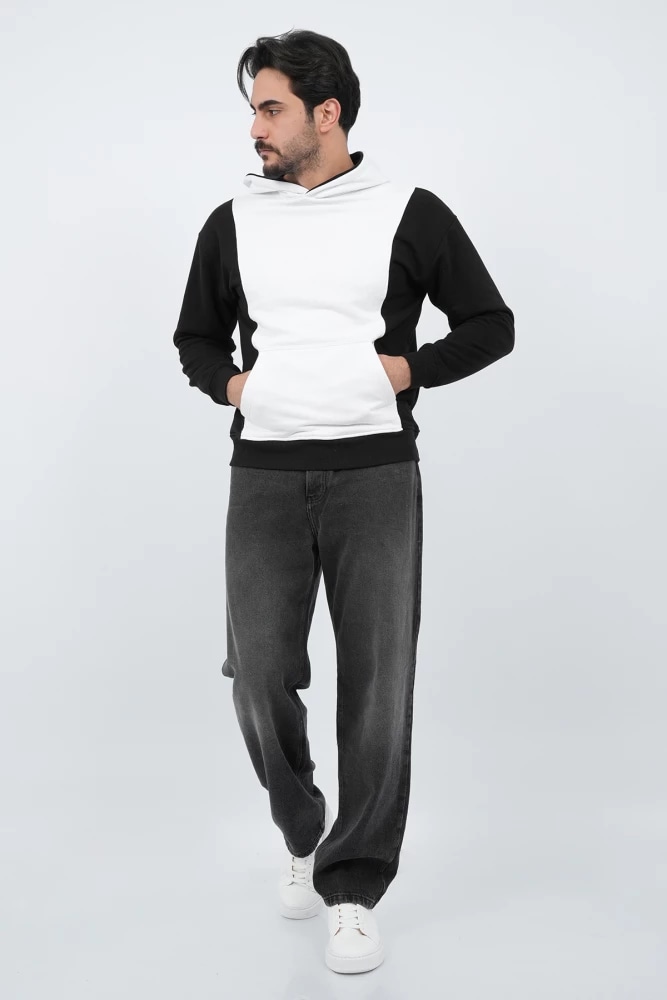 SWEAT CAPUCH BICOLOR AVEC ANIMATION EN DOS — BLANC/NOIR