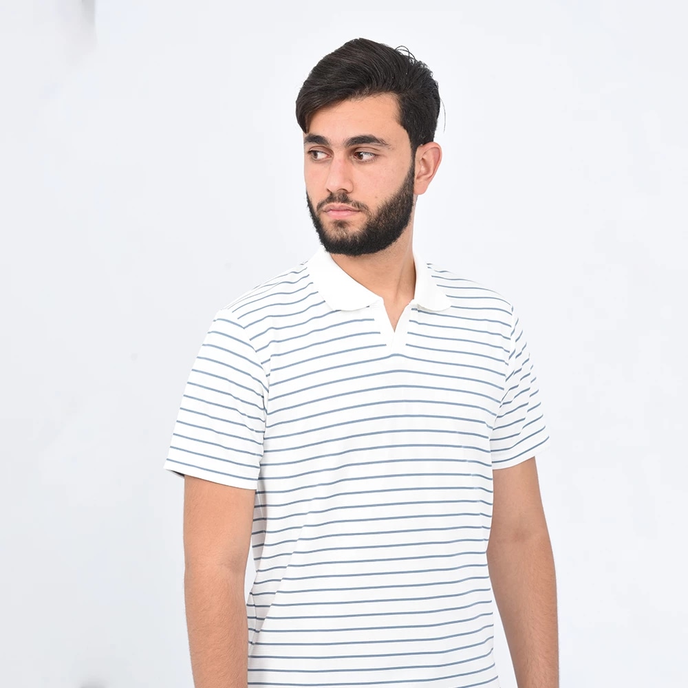 POLO A RAYURES MC COL OUVERT — BLEU CIEL